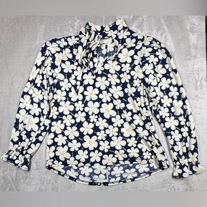 Melloday Navy Blue Cream Yellow Tropical Floral Long Sleeve Neck Tie Blouse S